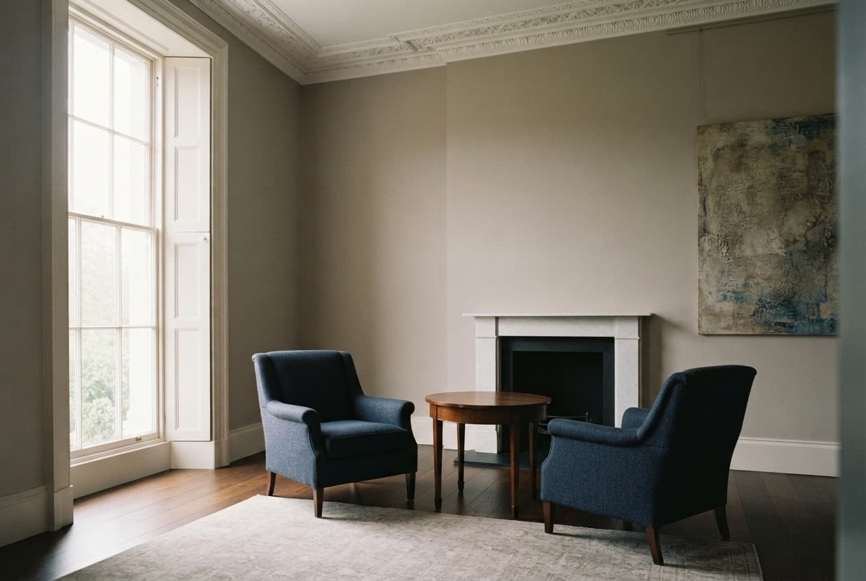 Empty consultation room with soft daylight through a tall window