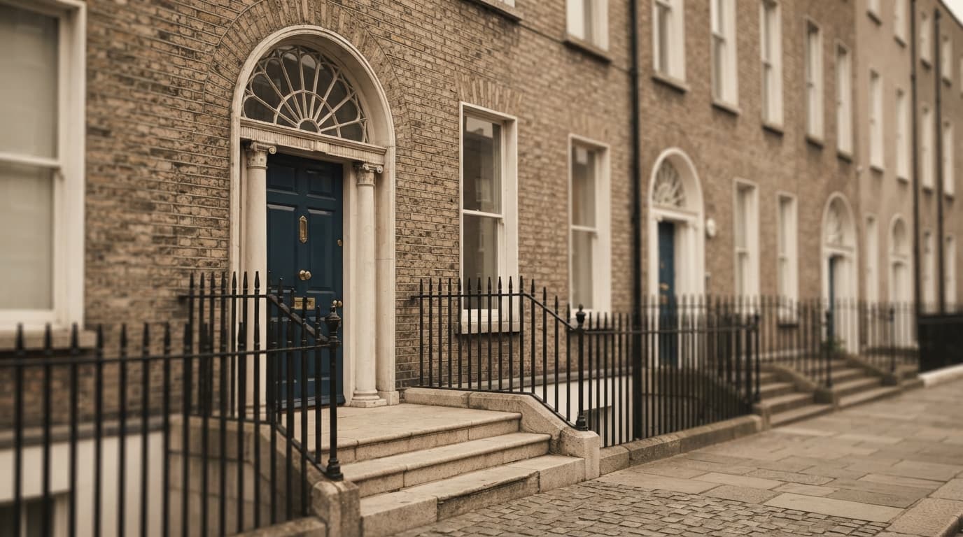 Quiet Dublin Georgian street facade at soft morning light
