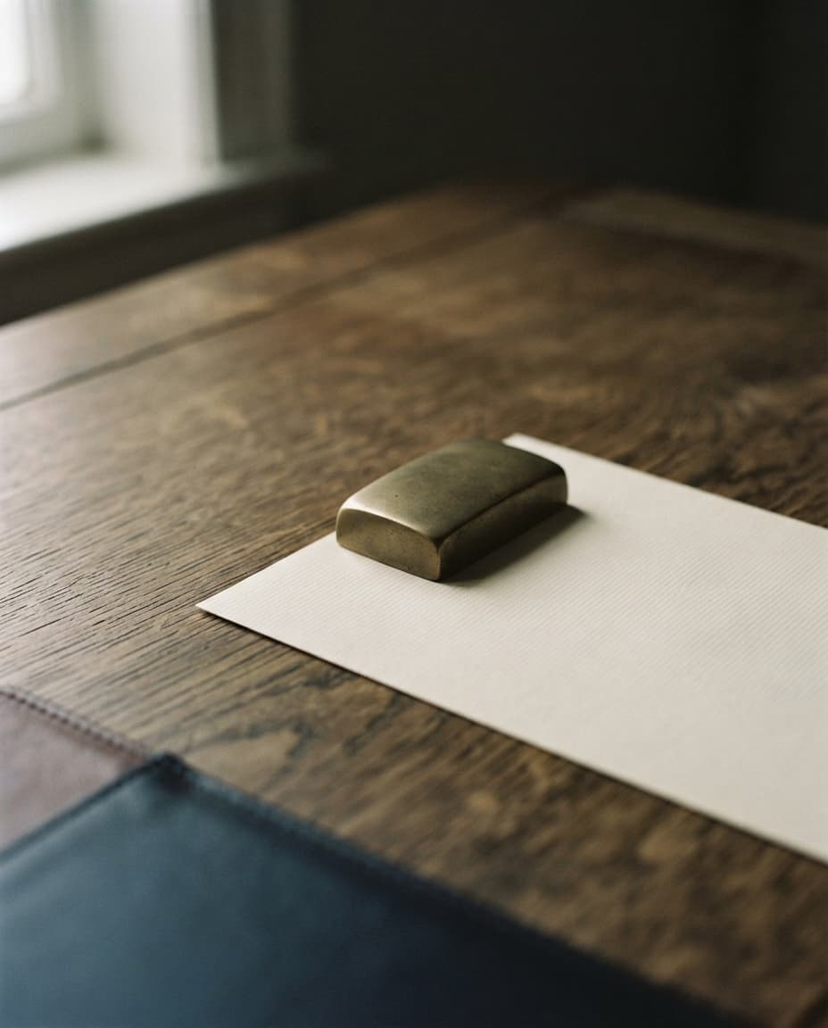 Cream laid paper and brass paperweight on oak desk